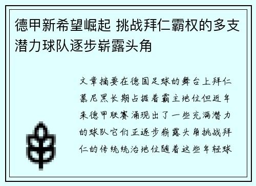 德甲新希望崛起 挑战拜仁霸权的多支潜力球队逐步崭露头角
