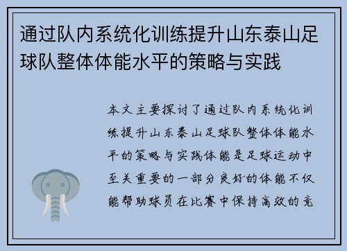 通过队内系统化训练提升山东泰山足球队整体体能水平的策略与实践