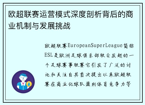 欧超联赛运营模式深度剖析背后的商业机制与发展挑战